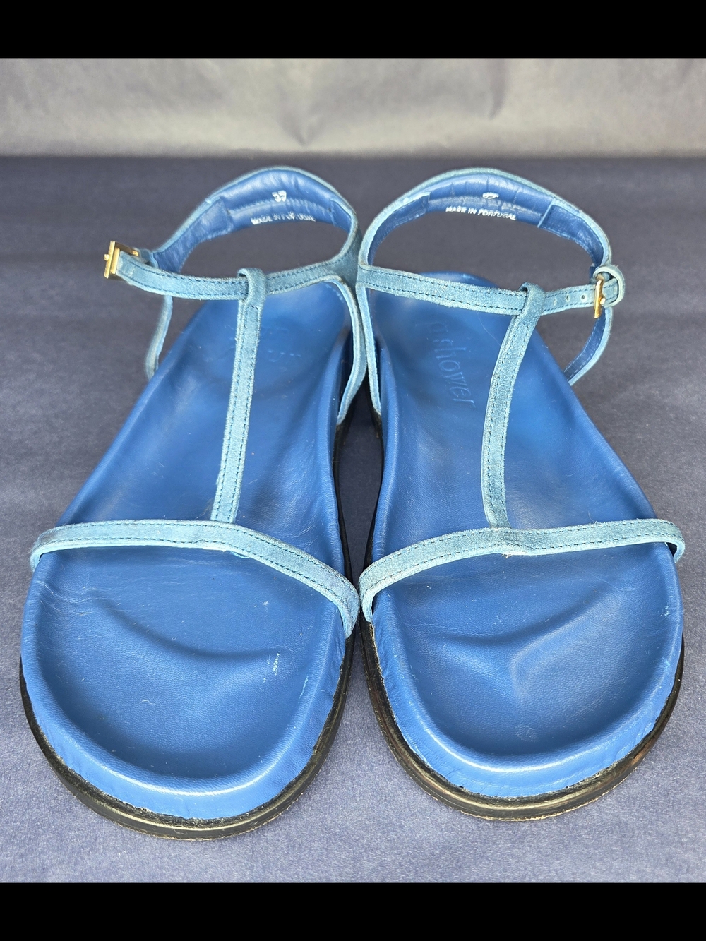 An Hour And a Shower Blue T-Strap Leather Sandals with Ankle Buckle
